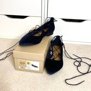 Navy Velvet Lace-up Flats